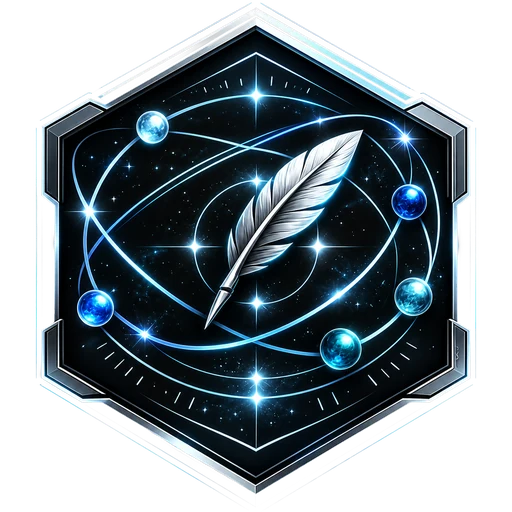 The Dexes emblem: a silver quill among blue orbs inside a hexagonal seal